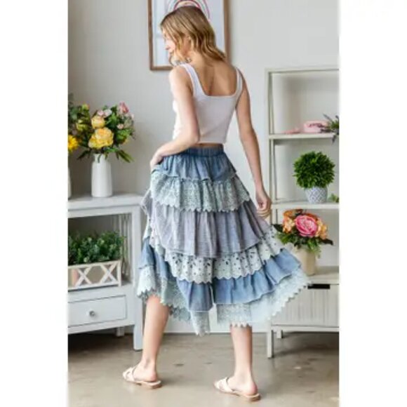 097 Oli & Hali Washed Mix Media Tiered Wide Leg Cropped Pants NEW Size Small - Picture 5 of 11